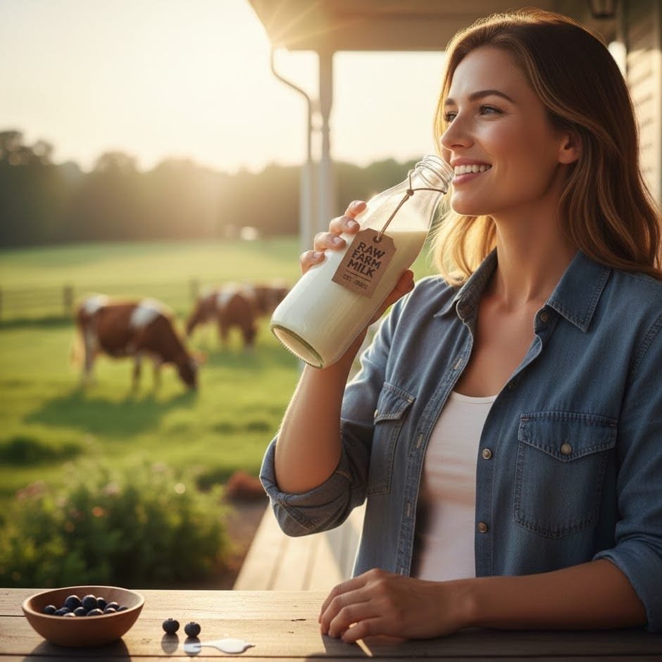 A woman drinking milk from a glass bottle labeled raw farm milk on a sunlit porch with cows in the background, illustrating raw milk safety and farm-to-table practices.