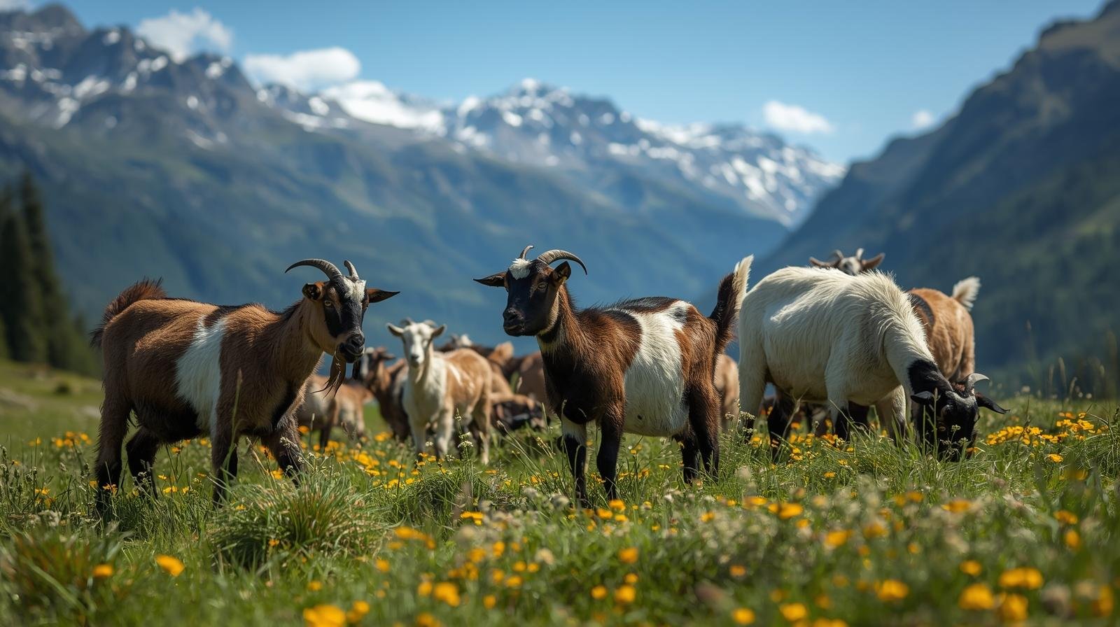 Nigerian Dwarf goats grazing in an Alaskan mountain meadow for raw goat milk herdshares.