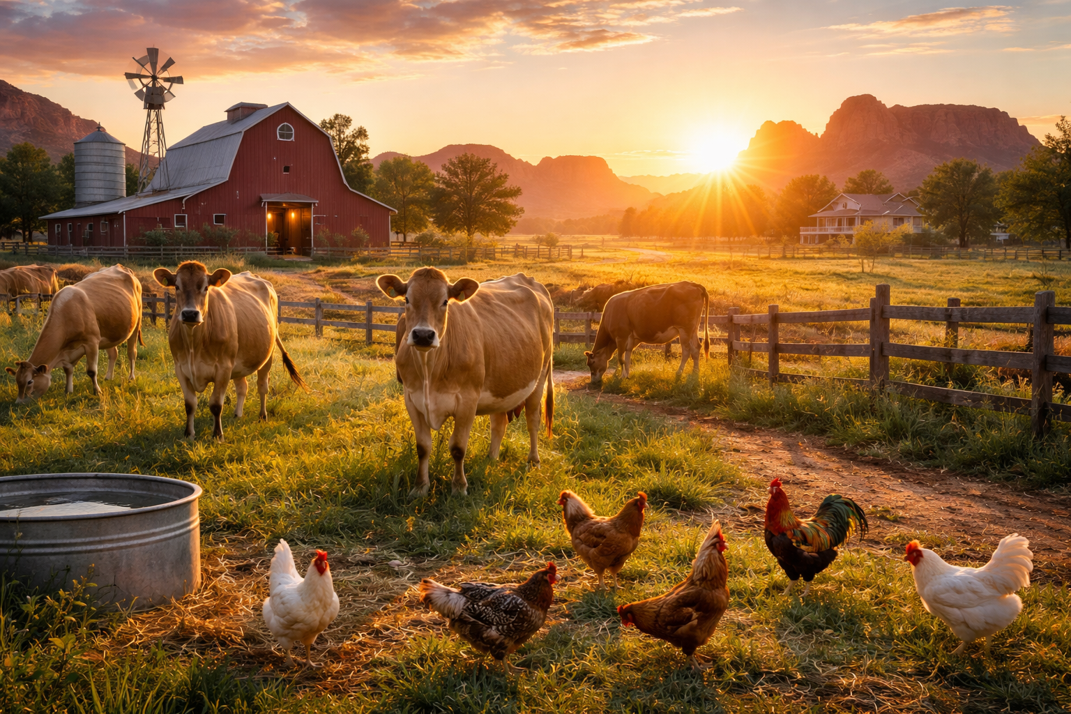 A sun-drenched Arizona farm at sunset with Jersey cows grazing in a pasture near a red barn and chickens, representing local raw milk sources.