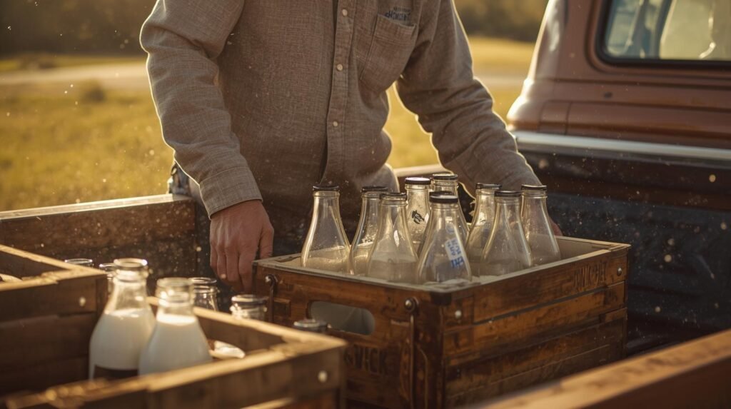 Farmer delivering fresh raw milk in glass bottles across rural Arkansas. Raw Milk Arkansas
