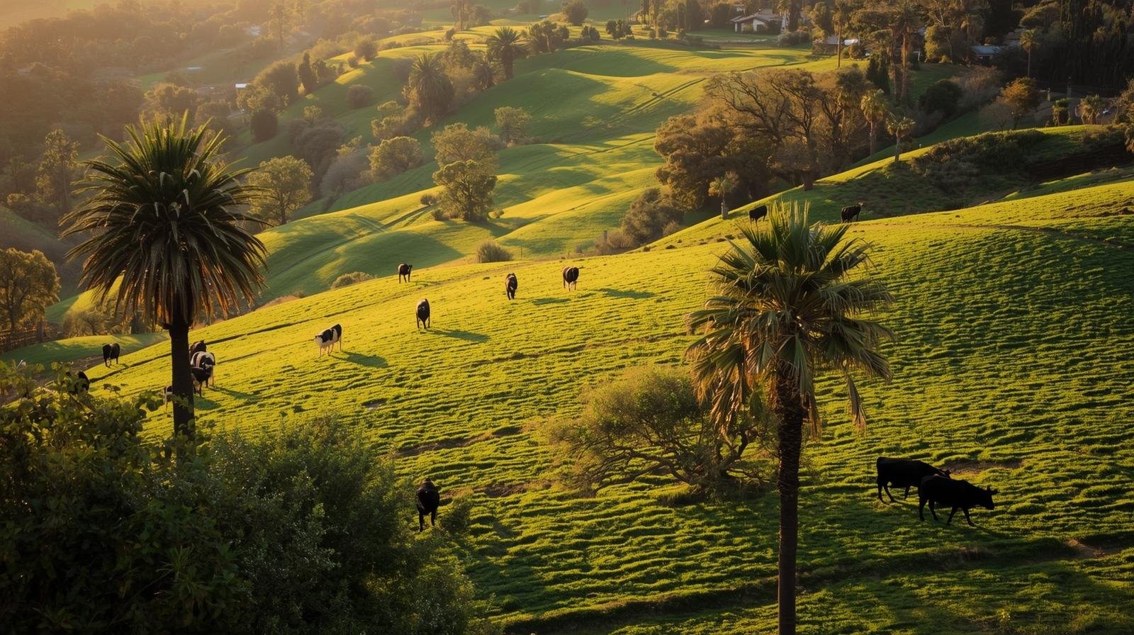 Aerial view of a certified organic raw milk dairy farm with Jersey cows in California.