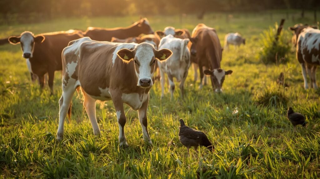 Raw Milk in Florida. An authentic Florida farm scene, bathed in warm, golden sunlight, featuring a small herd of contented Jersey cows grazing in a lush green pasture, with a few scattered chickens pecking at the ground nearby.