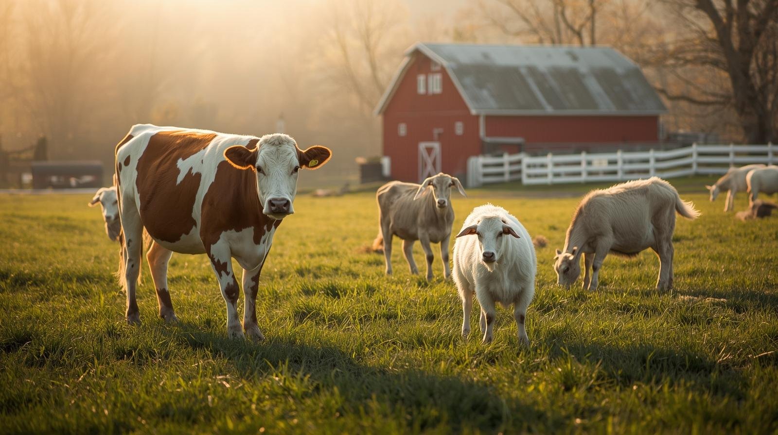 Guernsey cows and Saanen goats on a rural Pennsylvania farm with a traditional red barn.