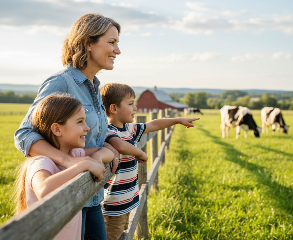 A mother and her children visiting a local dairy farm to find raw milk, observing a herd of pasture-raised cows in a peaceful, authentic setting.