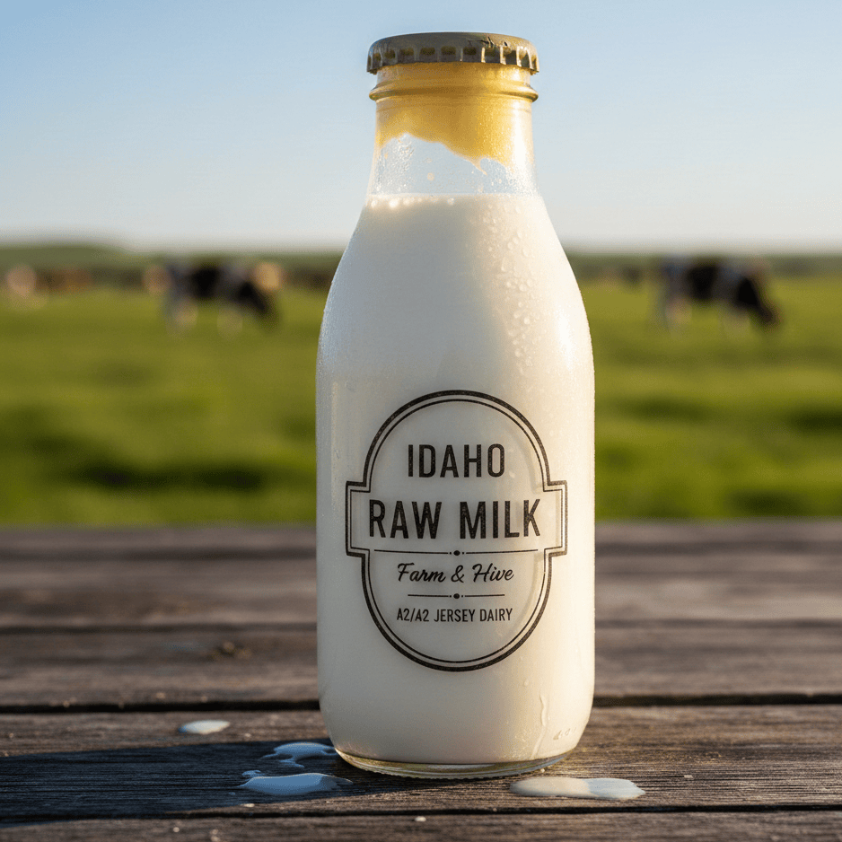 A cold glass bottle of fresh Idaho raw milk with a visible thick cream line at the top, featuring a Farm & Hive A2/A2 Jersey Dairy label, sitting on a rustic wooden table with grazing cows in the background.