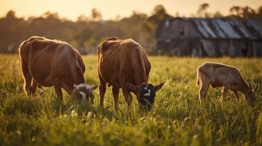 Jersey cows and Nubian goats grazing on a licensed farm where you can find raw milk in Georgia.