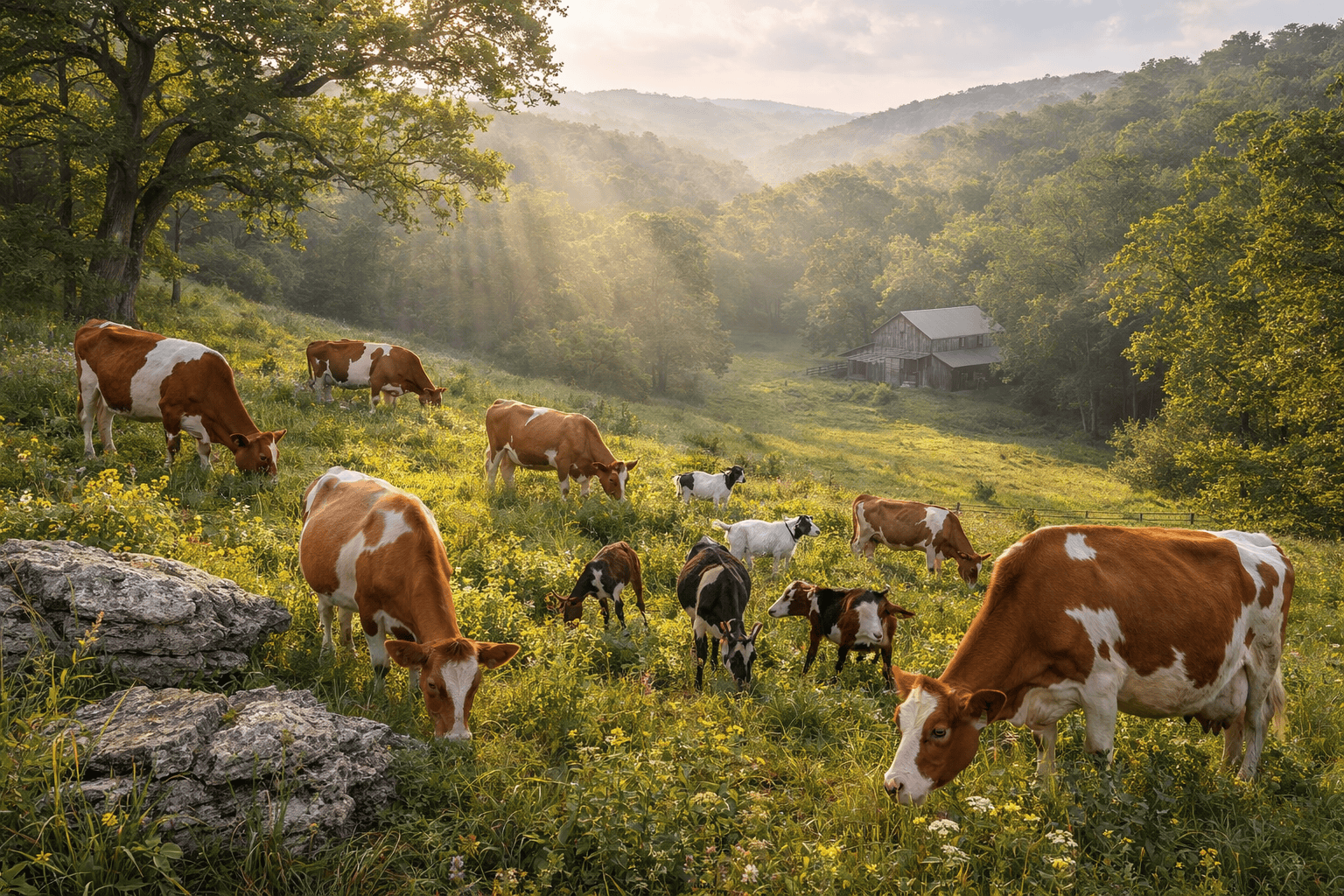 Guernsey cows and Alpine goats grazing in the scenic rolling hills of the Missouri Ozarks.