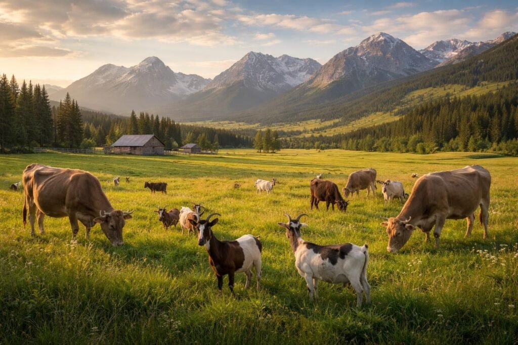 Brown Swiss cows and East Friesian sheep grazing under the Big Sky in a Montana raw milk pasture.