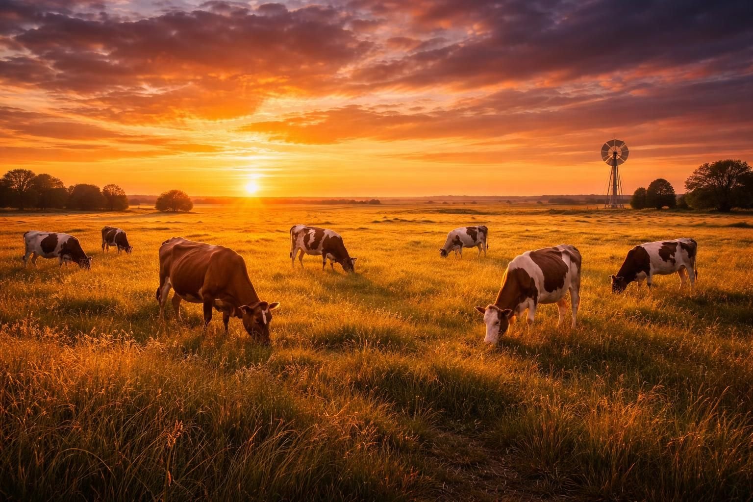 Brown Swiss cows grazing at sunset on a sprawling Nebraska raw milk dairy farm.