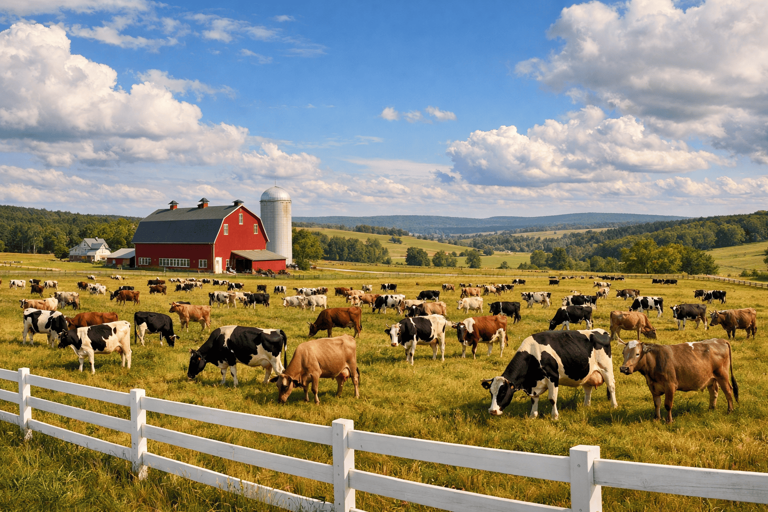 A classic Upstate New York farm scene with Holstein and Brown Swiss cows grazing in rolling meadows.