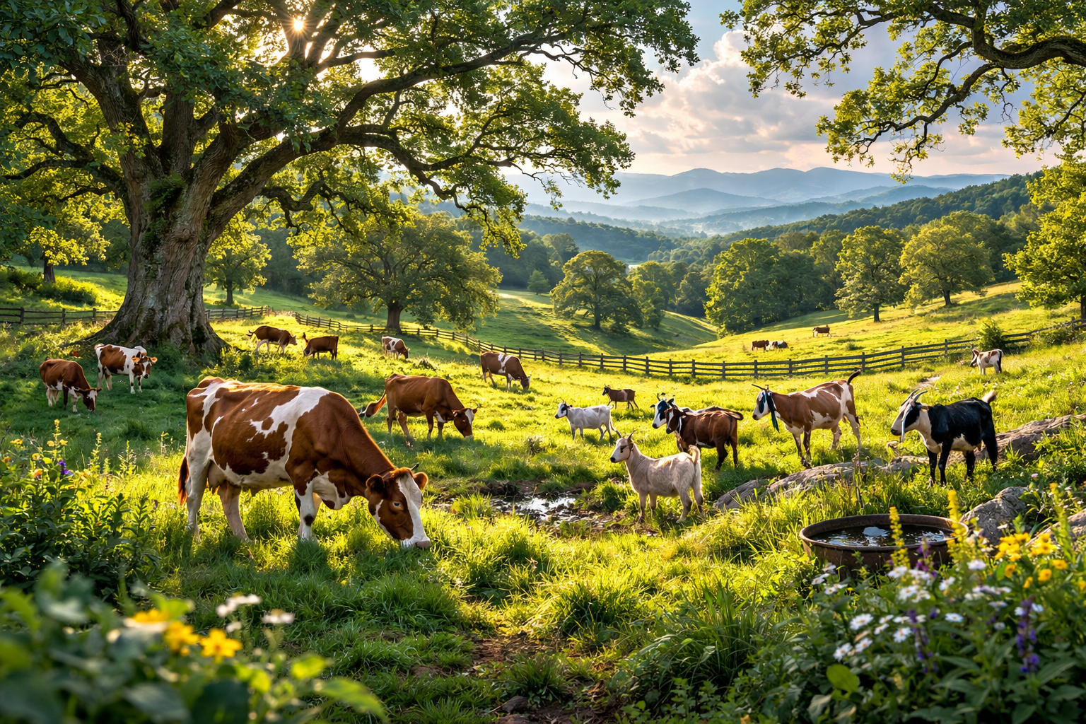 Ayrshire cows and Nubian goats in the lush foothills of a North Carolina raw milk farm.