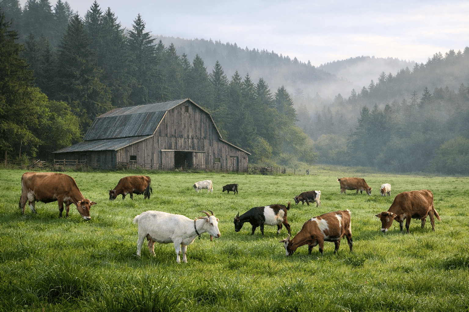 Jersey cows and Alpine goats grazing in a lush, misty Oregon pasture.