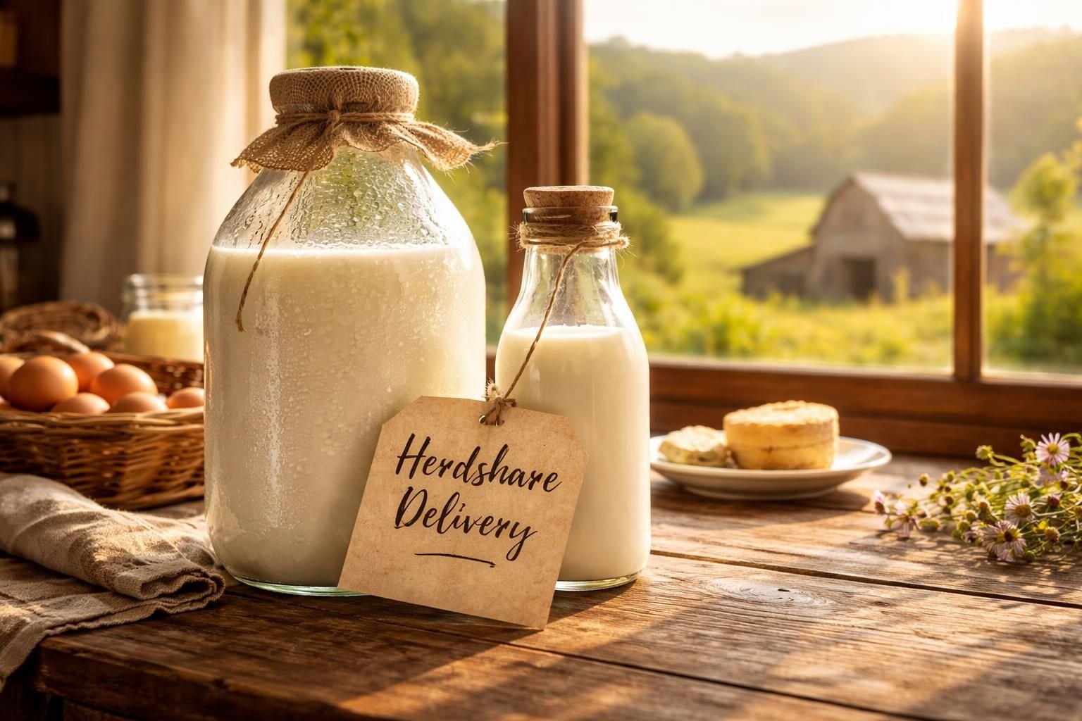 A farm-to-table scene in Tennessee showcasing raw Jersey cow milk and Nigerian Dwarf goat milk delivered through a local herdshare program.
