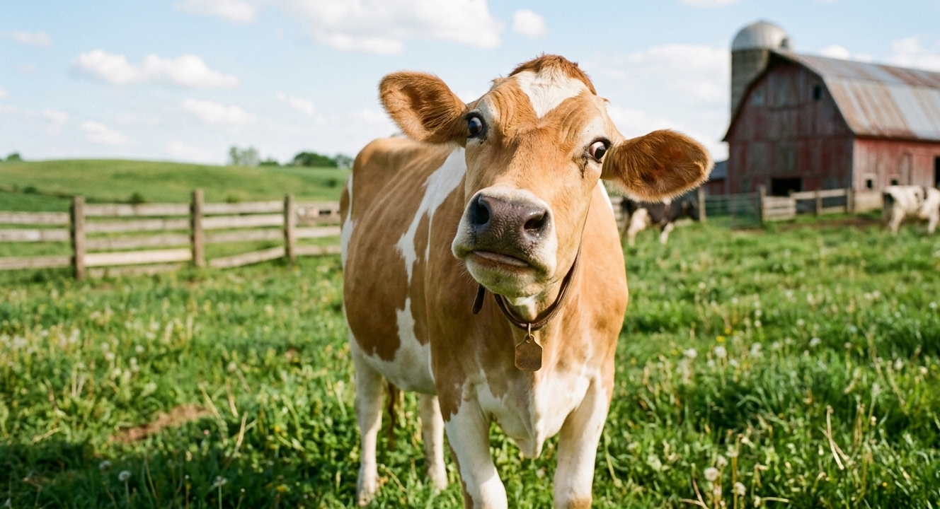 A slightly confused-looking brown and white Guernsey cow with humorous, wide, kooky eyes, staring directly at the camera on a farm pasture. A rustic red barn and silo are visible in the background.