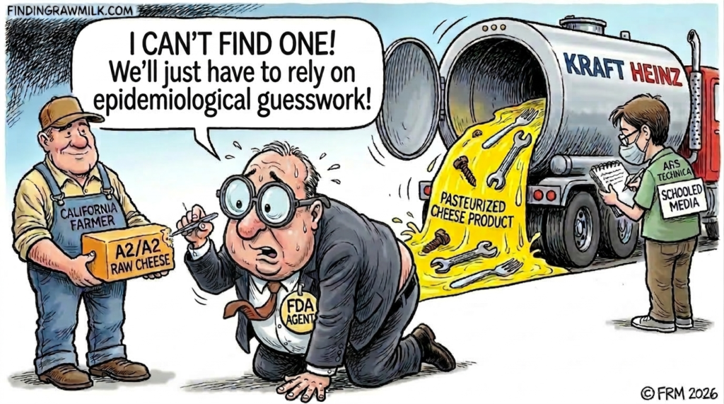 A political cartoon satirizing the Raw Farm cheddar cheese outbreak investigation, showing an out-of-shape FDA agent failing to find contamination in A2/A2 raw cheese while ignoring metal debris in industrial Kraft cheese.