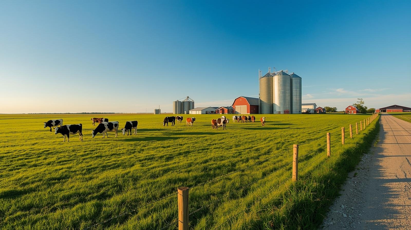 A herd of Holstein and Brown Swiss cows grazing on an expansive Illinois prairie farm with silos and a red barn.
