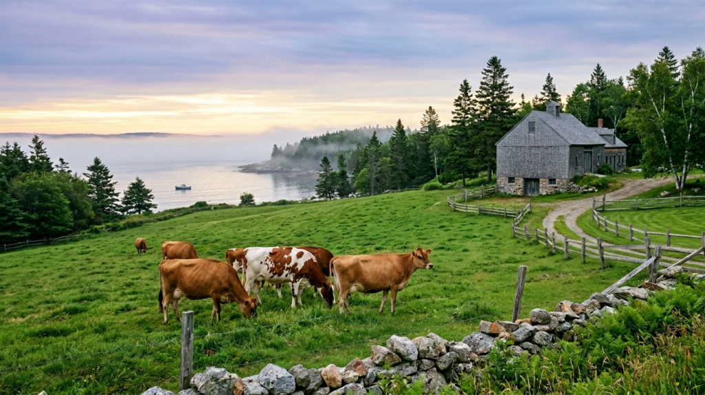 Jersey and Ayrshire cows grazing on a rocky coastal Maine pasture with a weathered shingle barn at sunrise. Maine Raw Milk