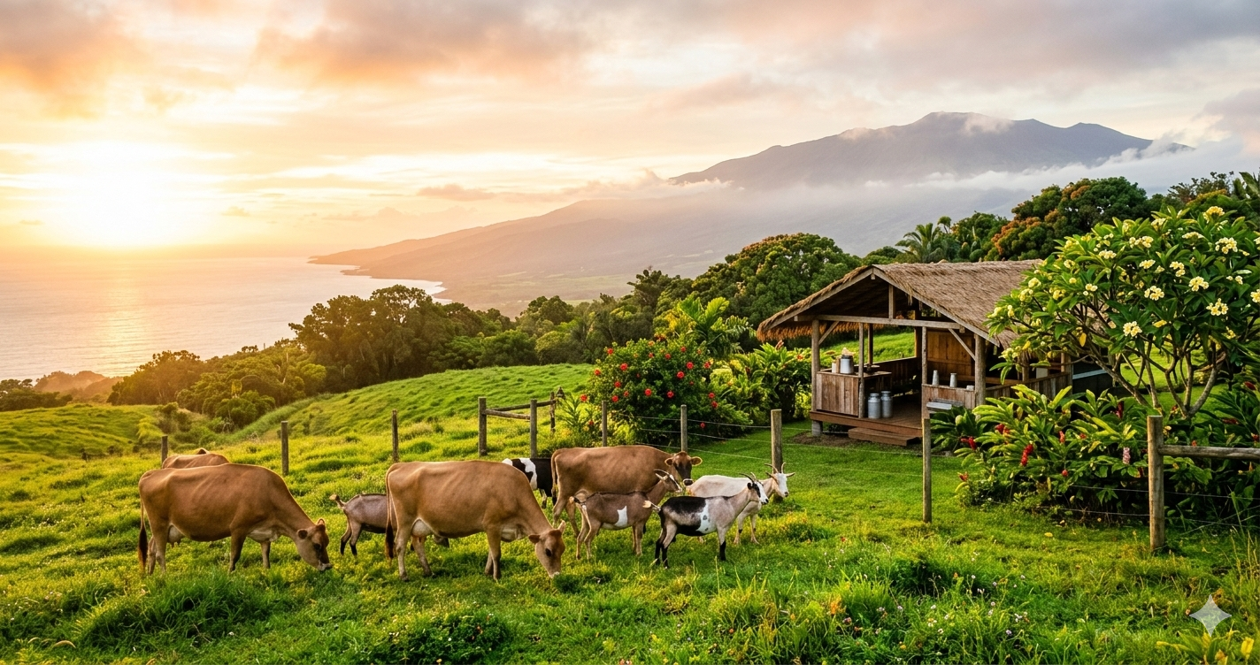 Jersey cows and Alpine goats grazing on a tropical Big Island volcanic pasture in Hawaii near an open-air milk pavilion.