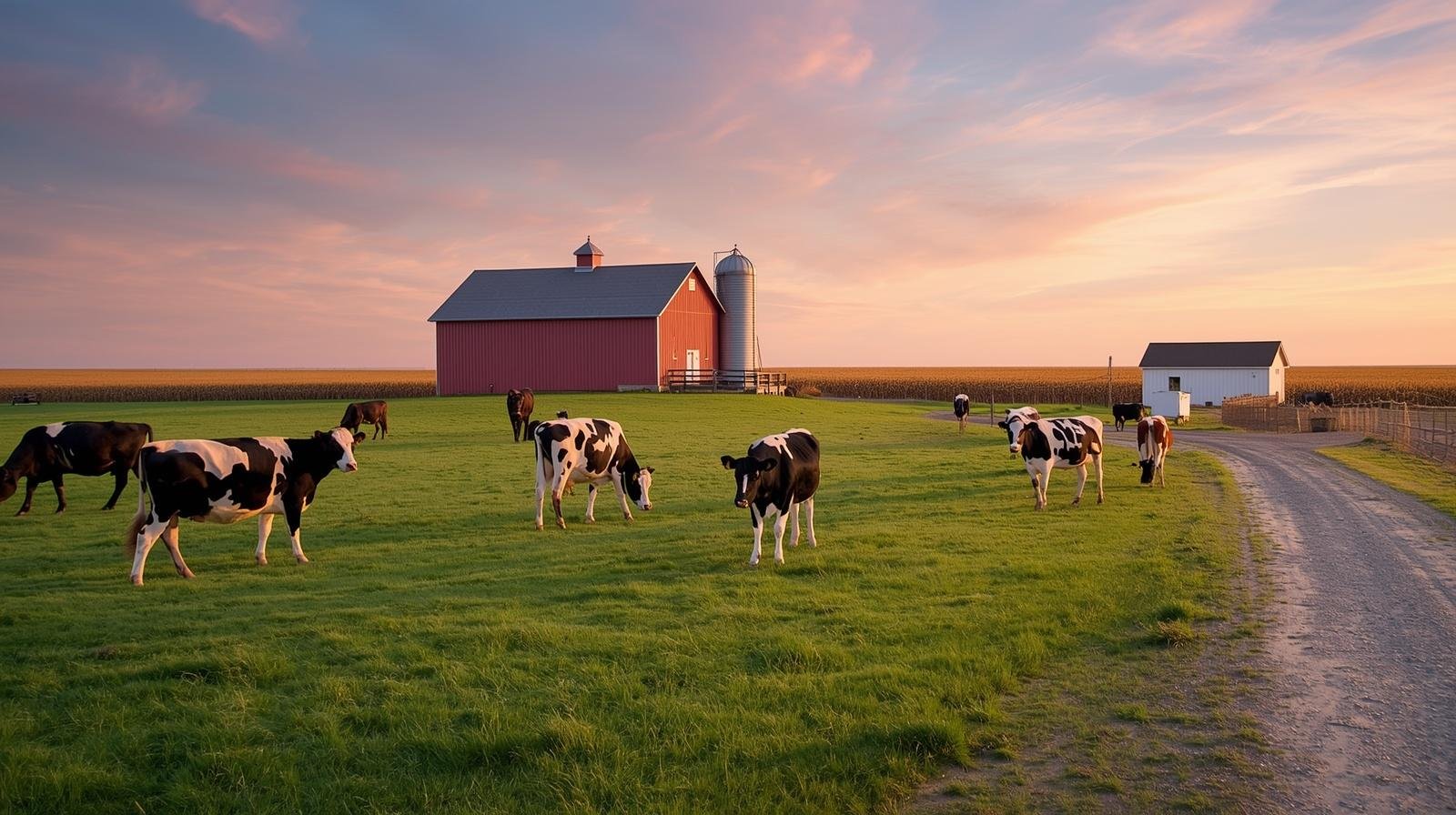 A herd of Jersey and Holstein cows grazing in a lush Indiana pasture in front of a traditional red barn and cornfield at sunrise.