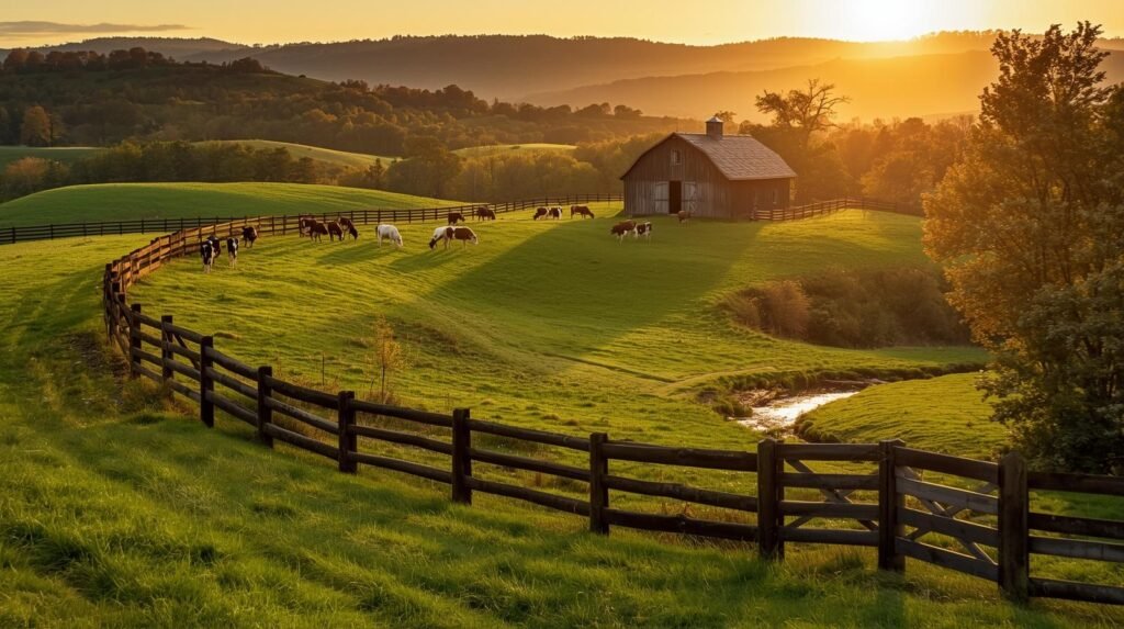 A herd of Jersey and Brown Swiss cows grazing on rolling Kentucky Bluegrass pastures with iconic black board fencing at sunrise. Kentucky raw milk farms