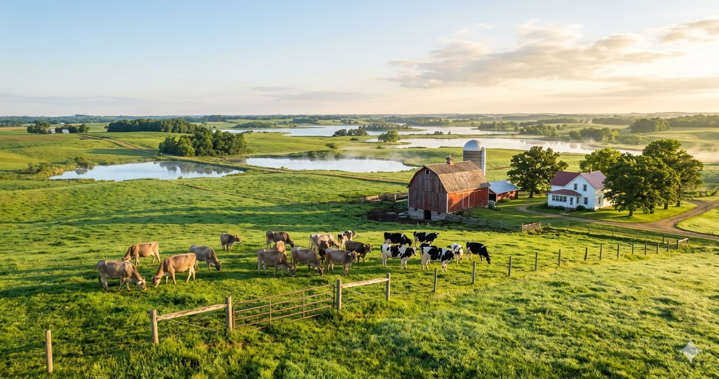Brown Swiss and Holstein cows grazing on a rolling glacial pasture in rural Minnesota near a sparkling lake.