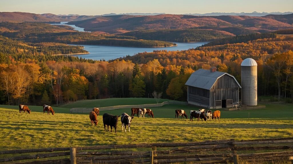 Jersey and Guernsey cows grazing near a lake and mountain in rugged New Hampshire during autumn golden hour. New Hampshire Raw Milk