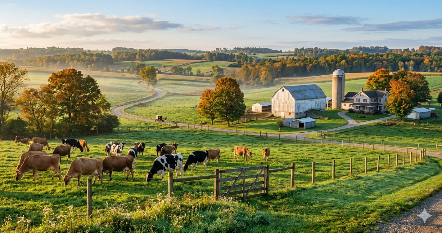 Jersey and Holstein cows grazing near a traditional white Amish barn and horse-and-buggy in rural Ohio.