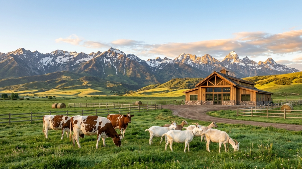 Ayrshire cows and Saanen goats grazing near a modern 'Raw for Retail' dairy market in a Utah mountain valley. Utah raw milk locations