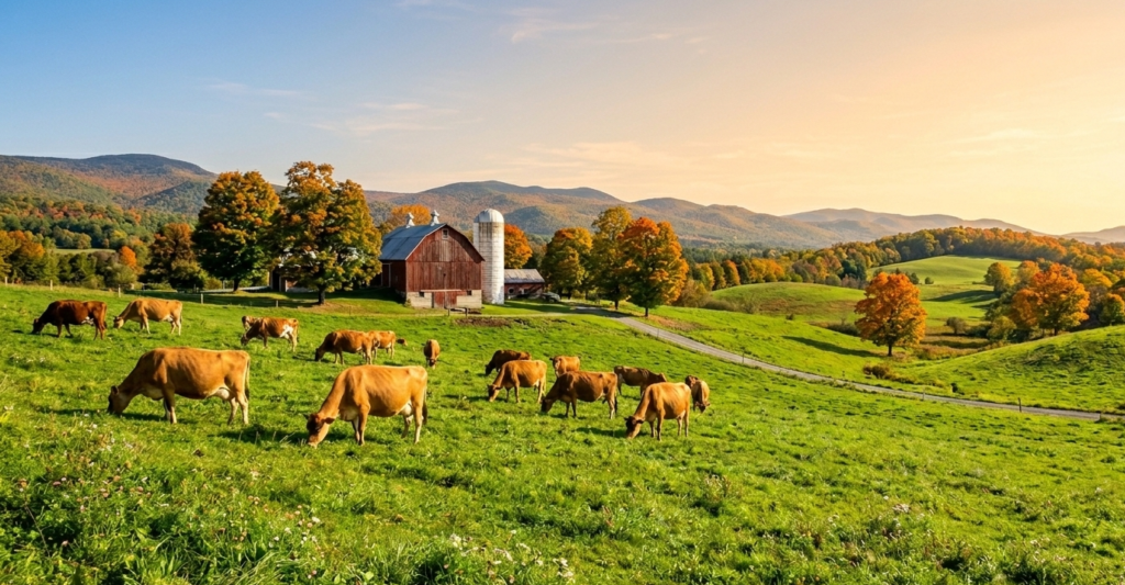 A small herd of Jersey and Ayrshire cows grazing on a rolling Green Mountain pasture near a historic red barn in Vermont during autumn golden hour. Vermont raw milk