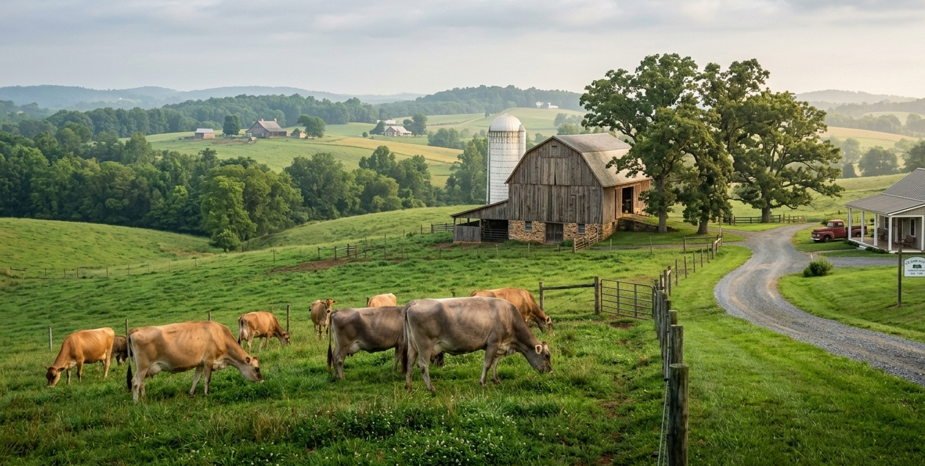 Jersey and Brown Swiss cows grazing on a historic Virginia Piedmont farm offering herdshares.