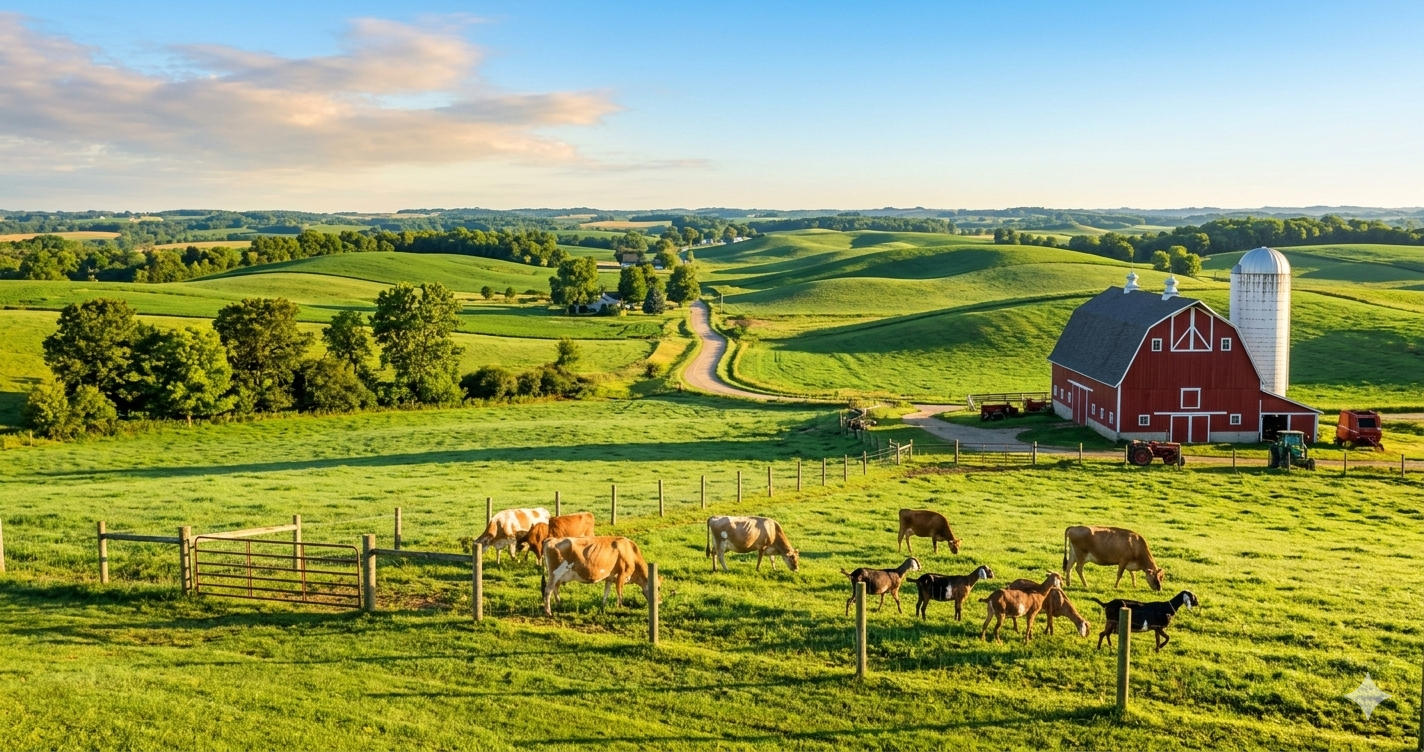 A small herd of Jersey cows and Nubian goats grazing near a historic red bank barn in the rolling drumlin hills of southern Wisconsin.