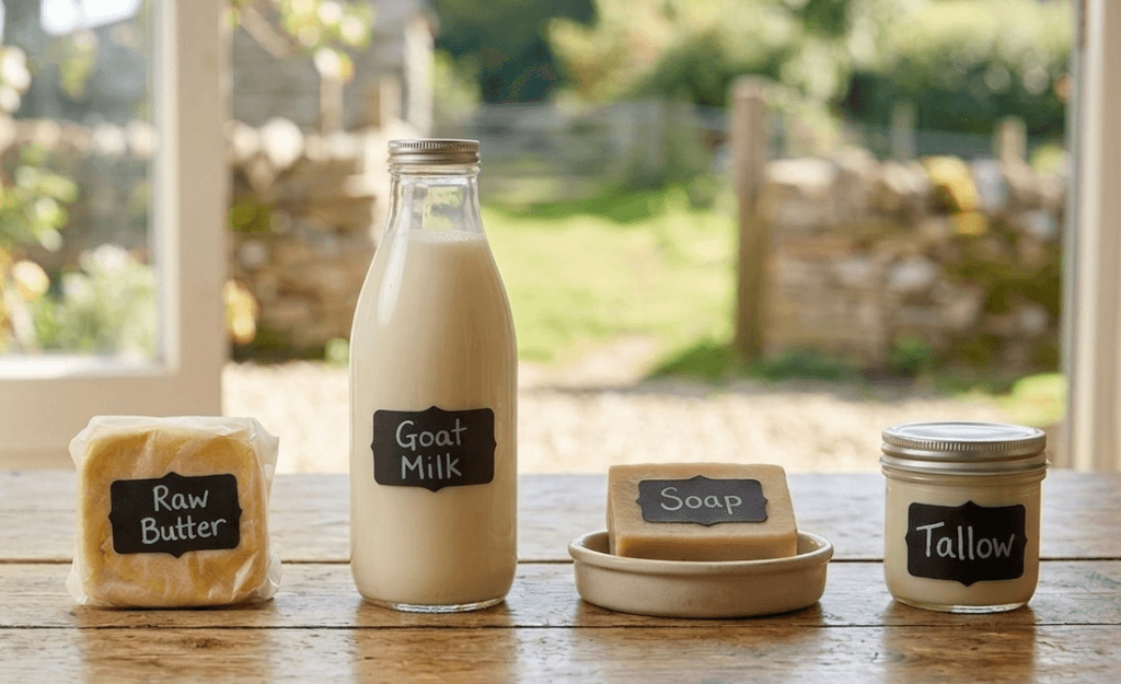 A curated selection of raw milk glossary products including a glass bottle of goat milk, a block of raw butter, a bar of goat milk soap, and a jar of beef tallow on a rustic wooden table.
