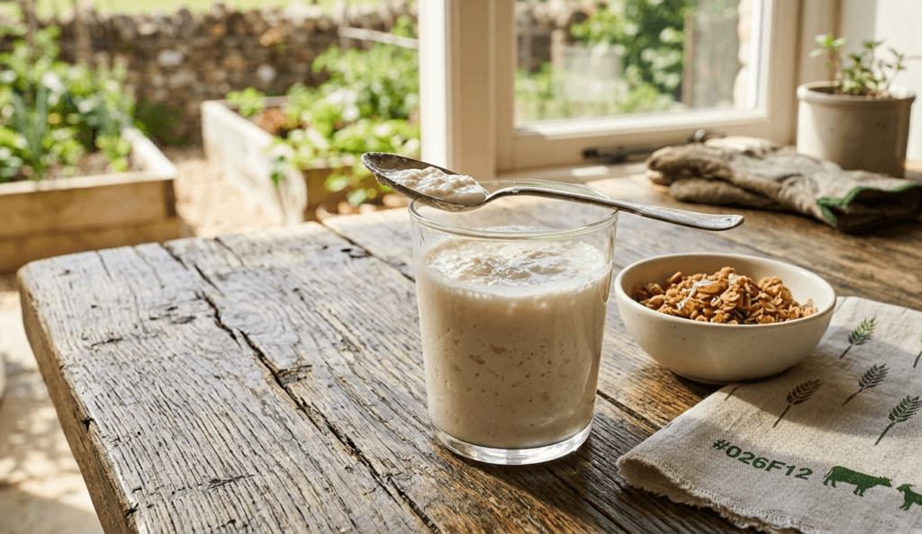 A close-up view of a glass filled with thick, textured clabbered raw milk. It sits on a deeply distressed, rustic wooden farm table in warm, natural sunlight. A spoon rests on top of the glass, highlighting the density of the traditional probiotic.