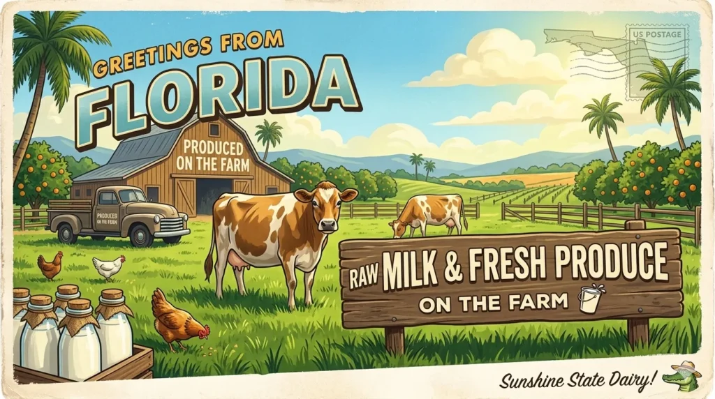 A vintage Florida postcard featuring Jersey cows grazing and glass bottles of fresh unpasteurized milk. The image is a visual guide for finding safe dairy under the strict Florida Raw Milk Laws.