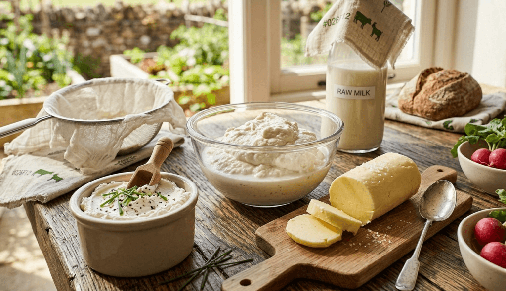 A variety of homemade dairy products illustrating common uses for soured raw milk. A rustic wooden table holds a bowl of thick clabbered milk, a block of yellow raw butter with salt crystals, and a small crock of soft cheese topped with fresh chives.