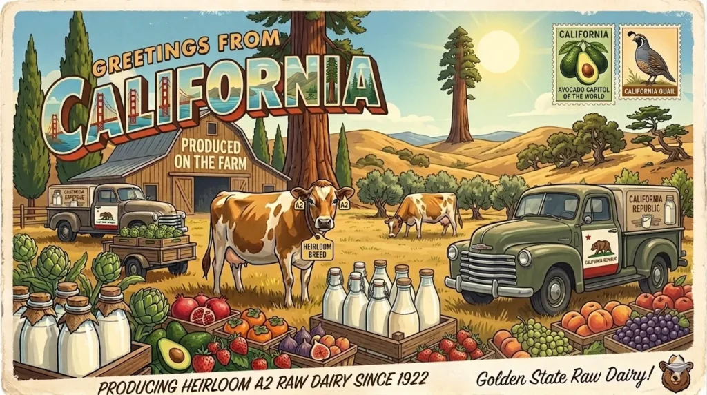 A vintage-style postcard illustration of a California raw milk farm featuring A2 Jersey cows and glass milk bottles.