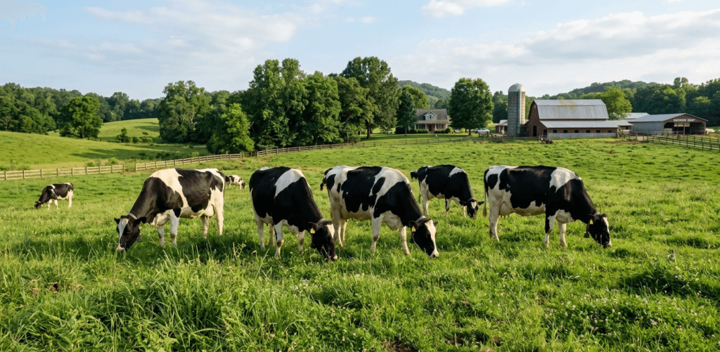 Holstein cows grazing on a lush green pasture for what is raw milk production.