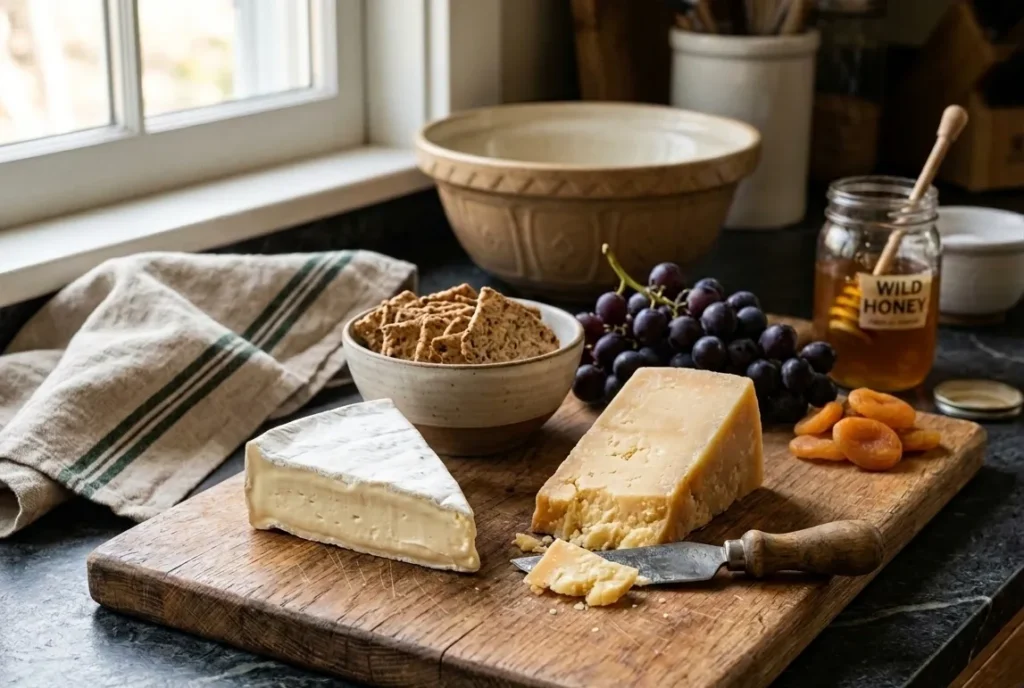 A close-up view of artisanal raw milk cheeses, made using traditional rennet, resting on a rustic wooden cutting board. The scene includes aged cheddar, a brie wedge, and a variety of non-GMO crackers and fruit for a traditional cheese board.
