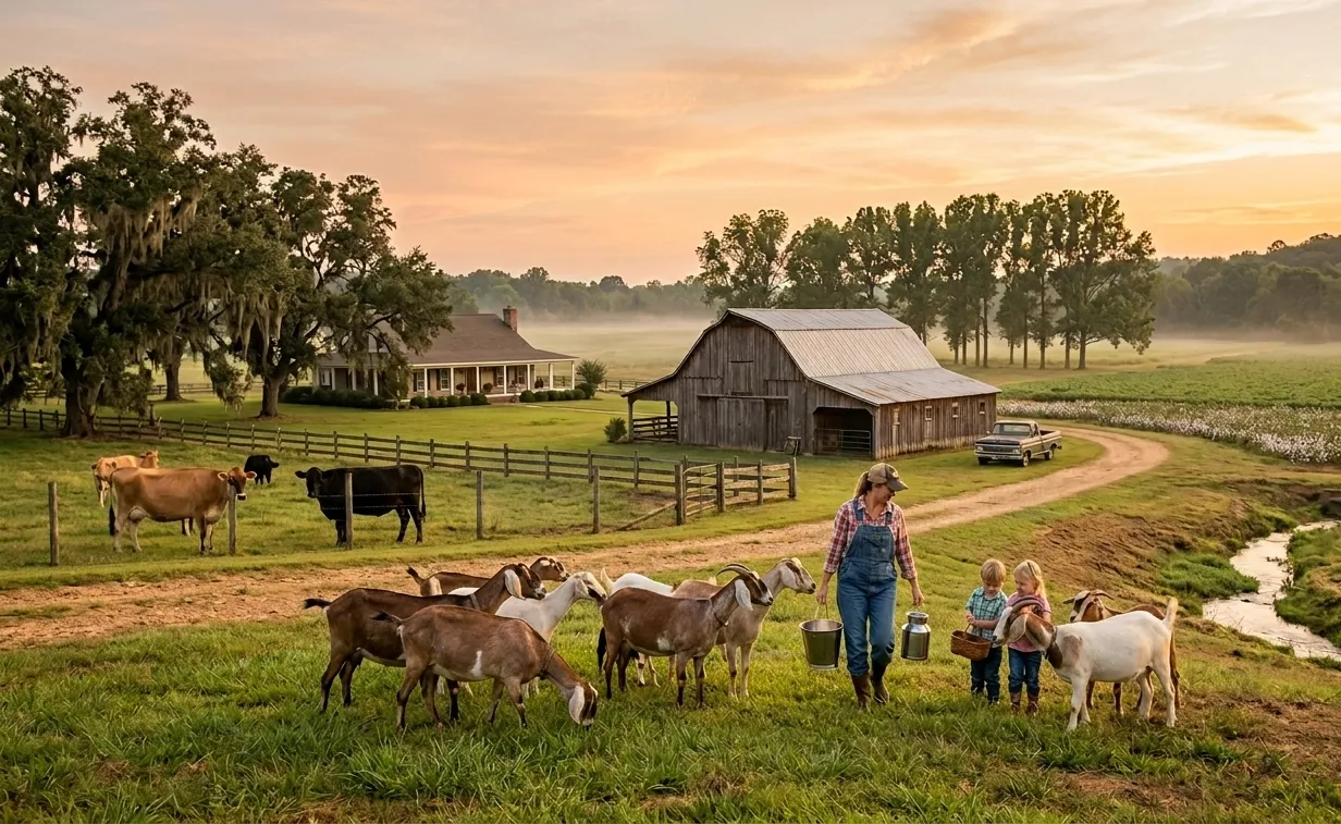 A mother in overalls and two young children walk among a herd of goats on a Southern farm at sunset. The farm includes a farmhouse with Spanish moss-draped trees, a barn, and cows grazing in a fenced pasture.