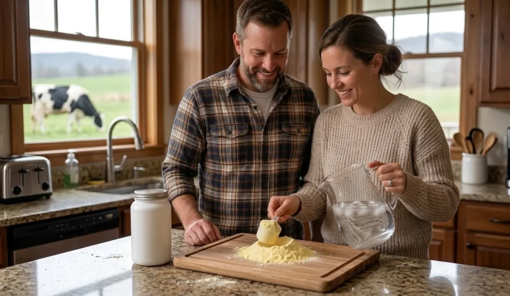 A husband and wife in a rustic kitchen preparing a colostrum drink by pouring water from a pitcher near a scoop of yellow powder on a wooden cutting board.