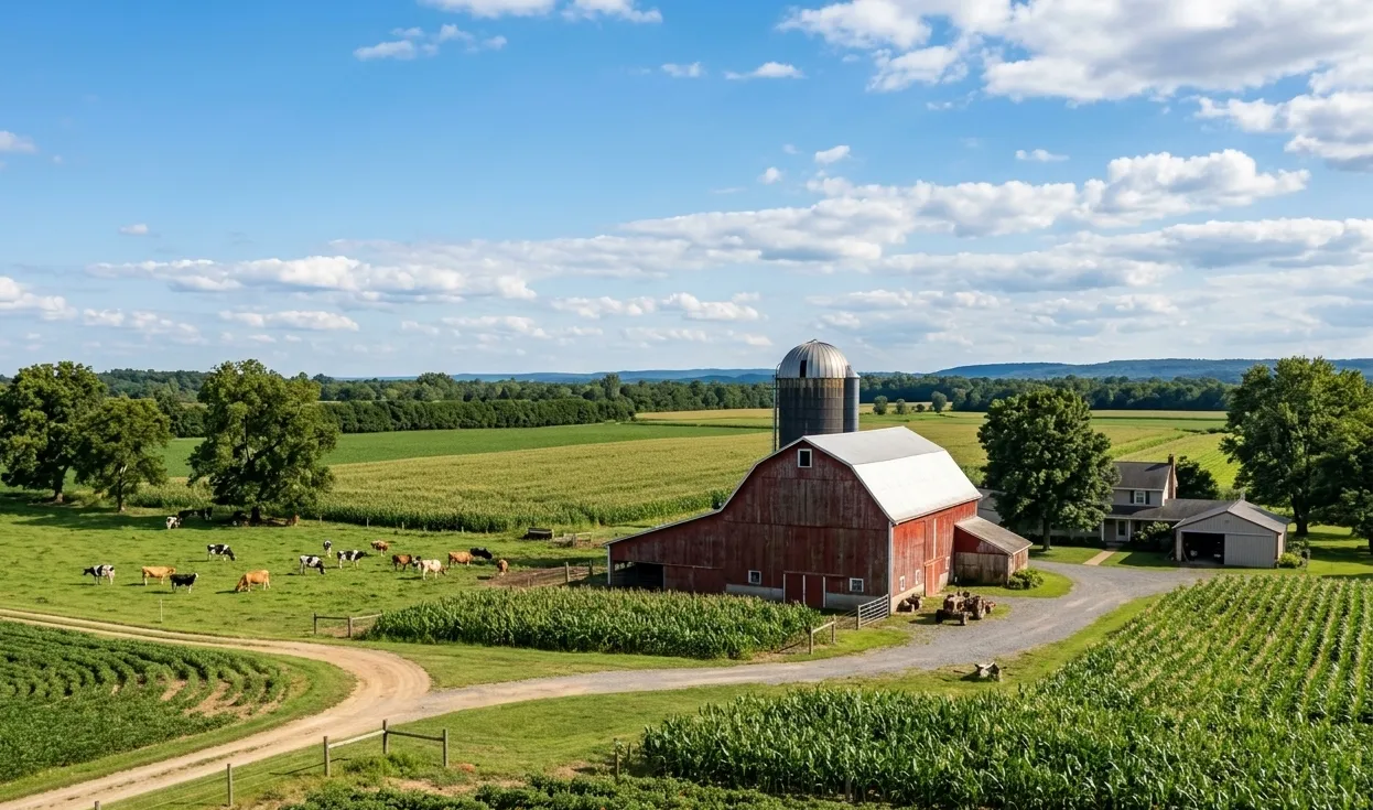 An aerial view of a New Jersey dairy farm featuring a red barn, a silver silo, and dairy cows grazing in green pastures next to cultivated crop fields under a blue sky.