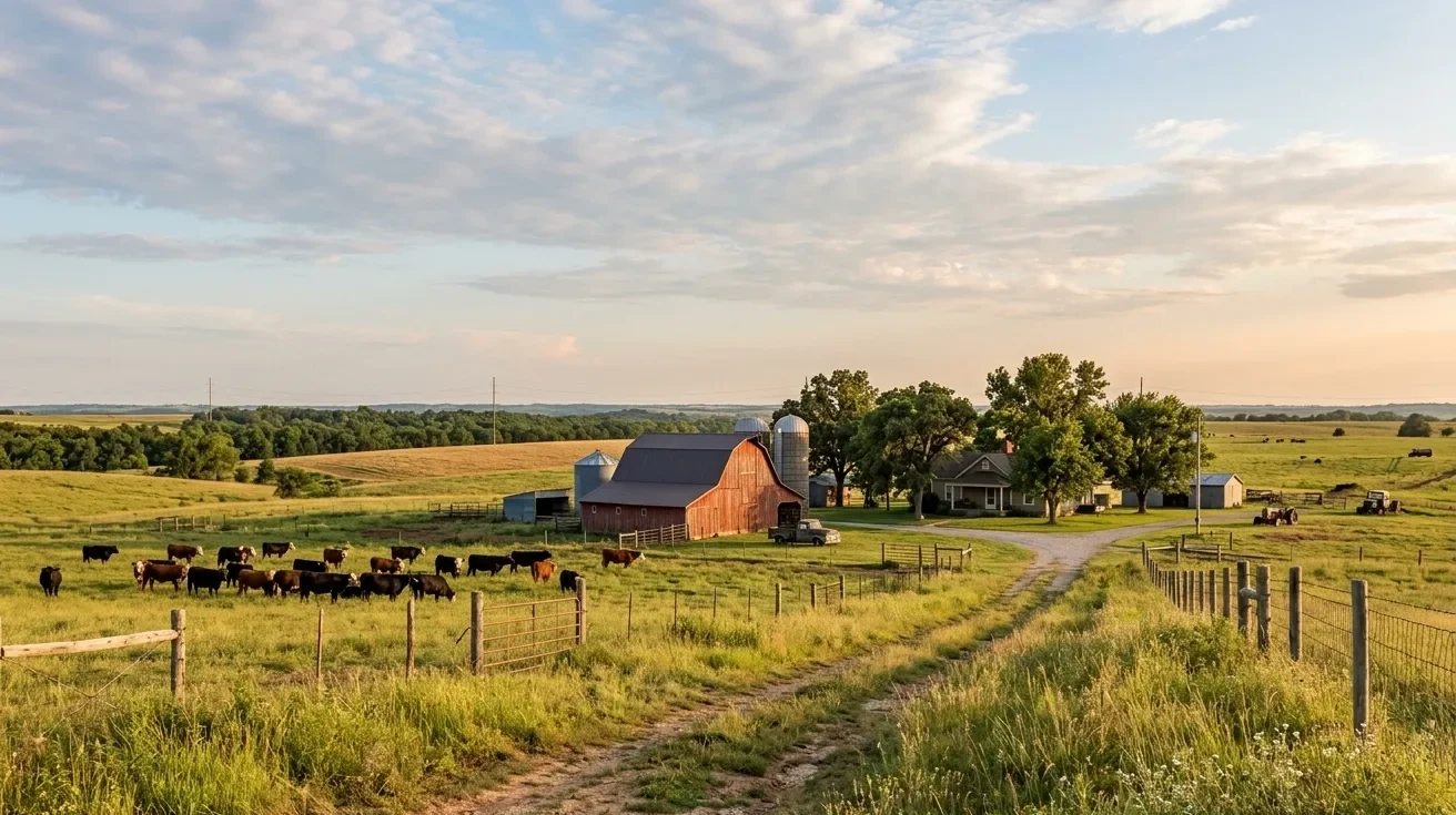 A scenic Oklahoma farm with a red barn, silos, a farmhouse, and a herd of cattle grazing in a green pasture under a soft sunset sky.