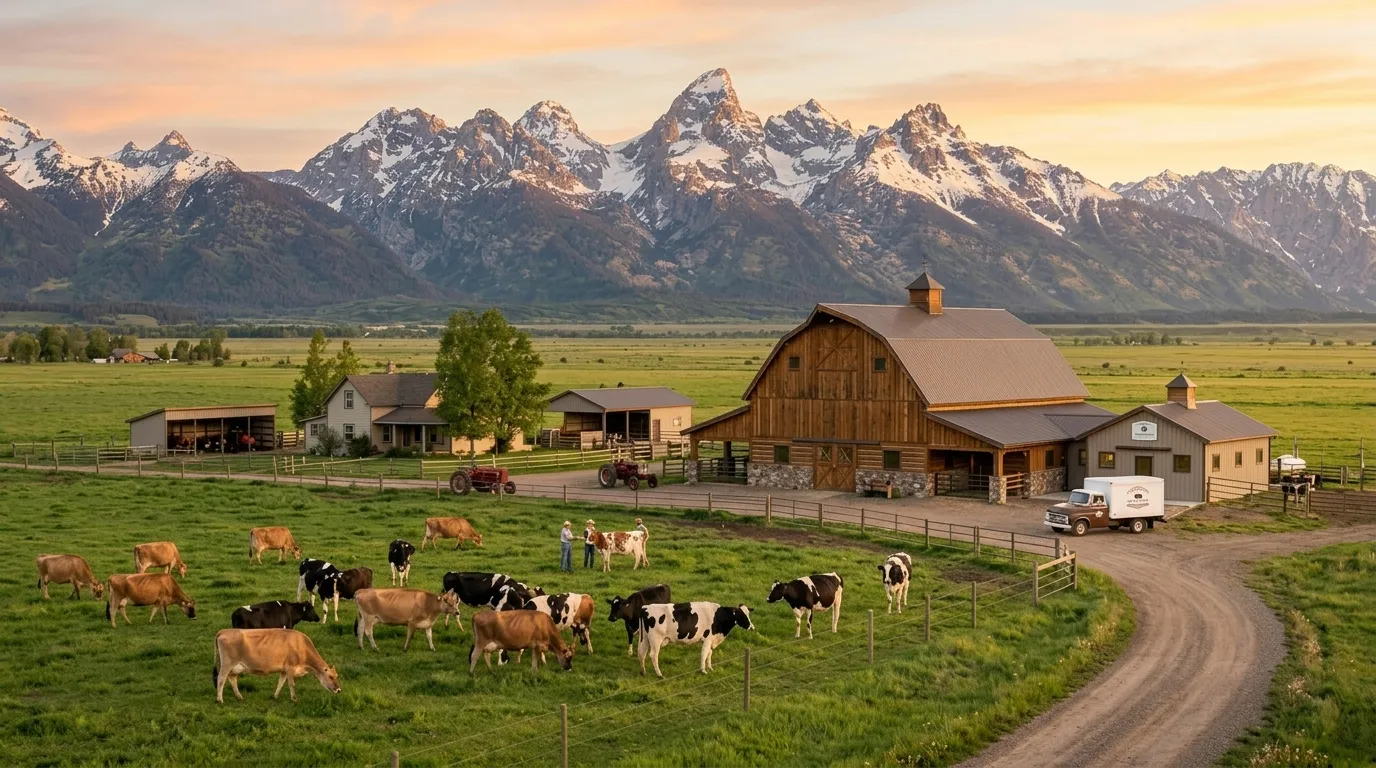 Dairy cows grazing in a green pasture at a Colorado herdshare farm with the Rocky Mountains in the background.