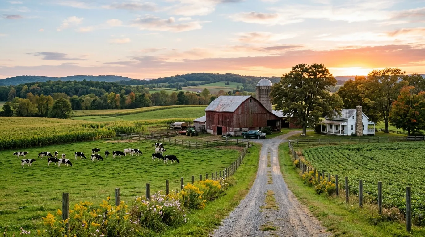 Holstein dairy cows grazing in a green pasture on a Maryland farm with a red barn and rolling hills at sunset.