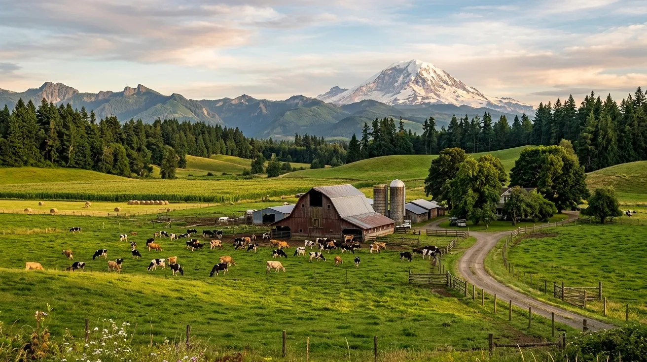 Dairy cows grazing on a lush green pasture at a Washington state farm with a snow capped mountain peak in the background.