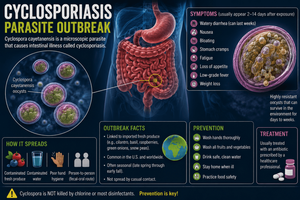 Medical illustration of the human digestive system showing a Cyclospora cayetanensis parasite infection in the intestines with the headline "Cyclosporiasis Parasite Outbreak."