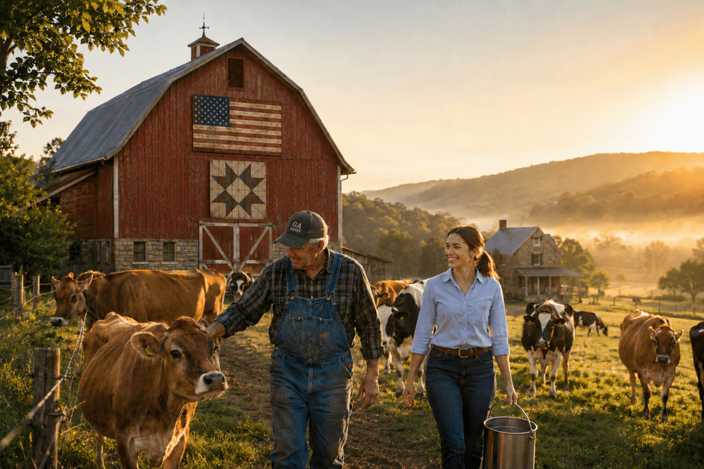 Multi-generational Georgia dairy farmers walking with Jersey and Holstein cows at sunrise beside a historic red barn displaying an American flag and traditional barn quilt. 250 Years of American Dairy Farming