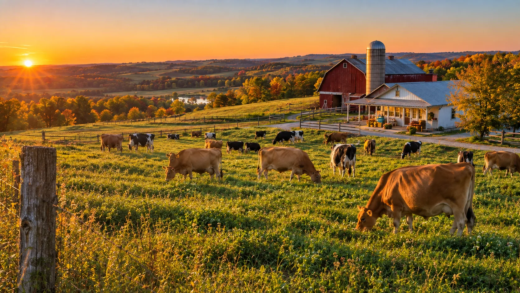North Dakota dairy farm with Jersey and Holstein cows grazing on lush pasture at golden hour