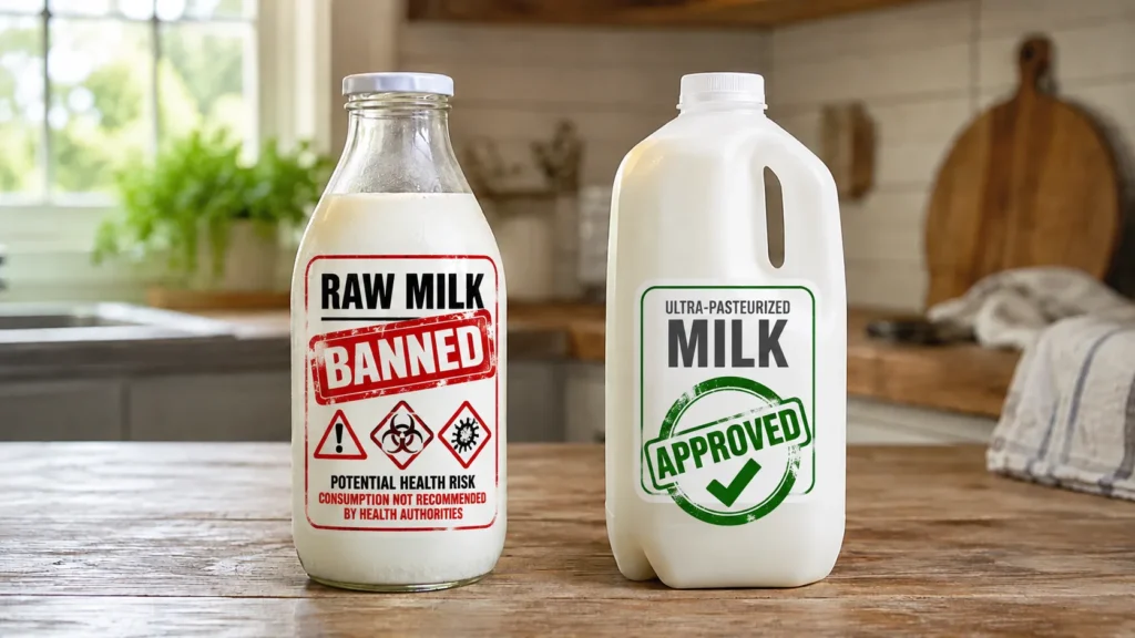 Glass bottle of raw milk with a red banned label and hazard symbols beside ultra-pasteurized milk with a green approved stamp.
